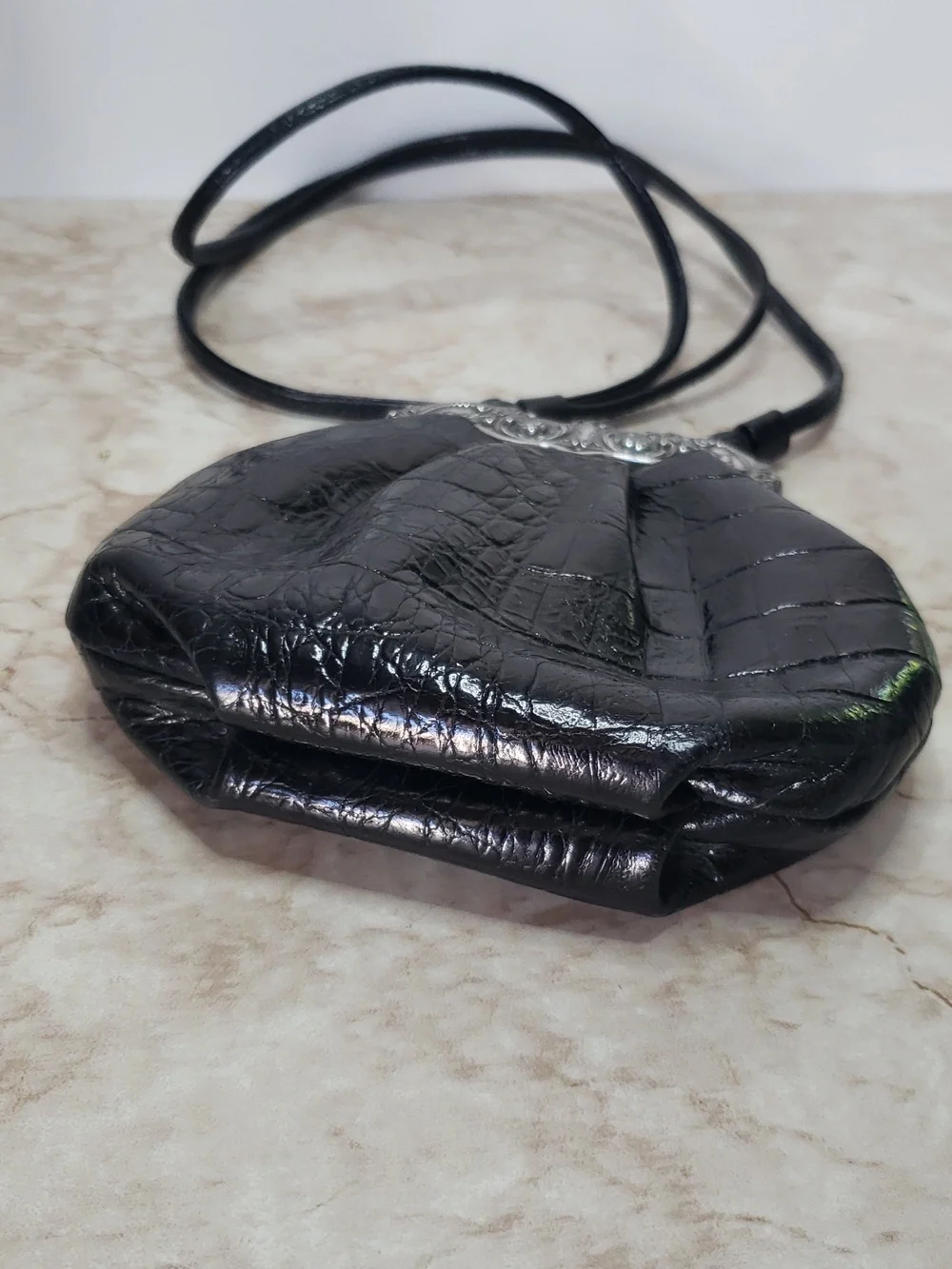 Brighton One World Black Leather Embossed  Croc Crossbody Bag with Silver Frame